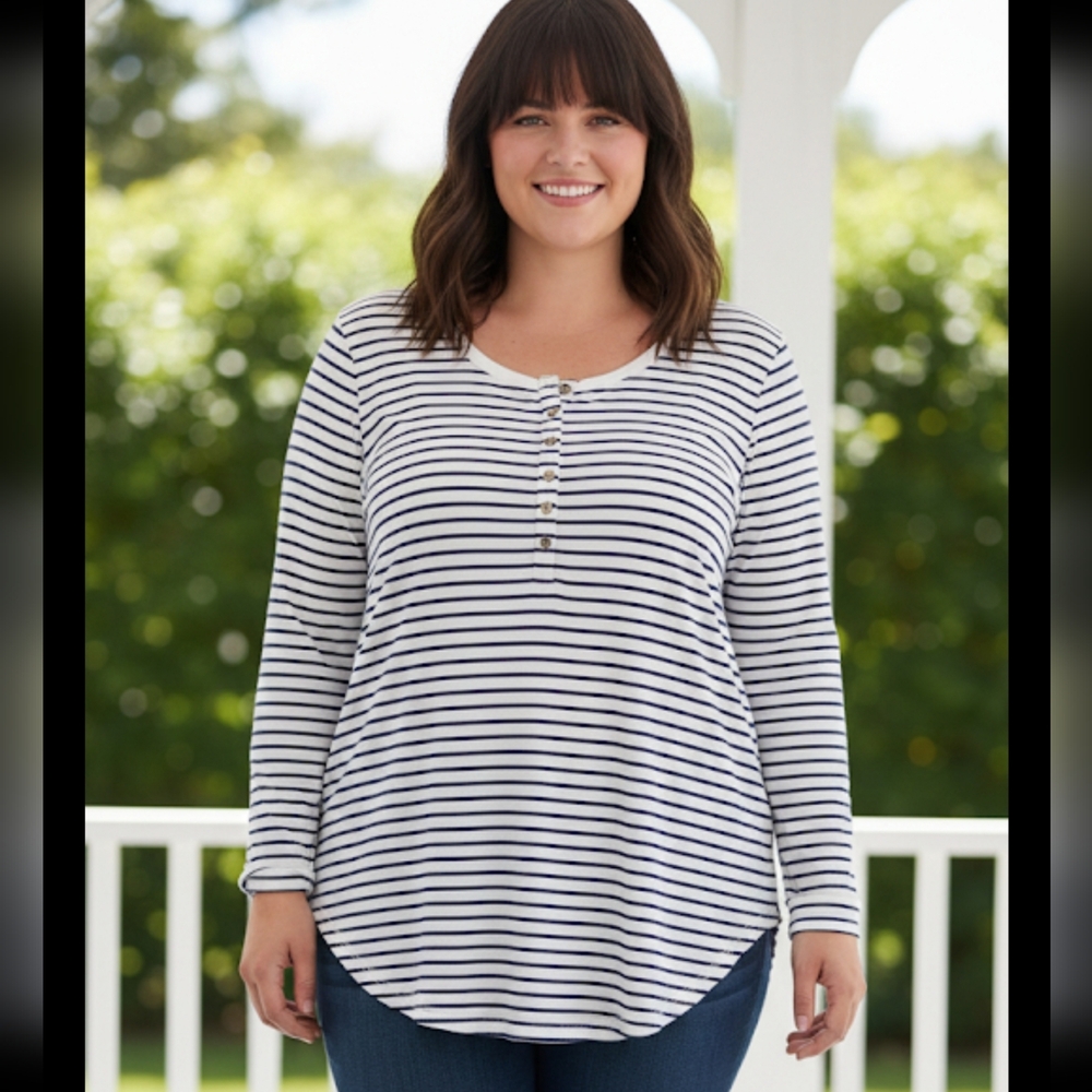 Old Navy Henley Top - Black & White Stripes, Nautical - Plus Size XXL